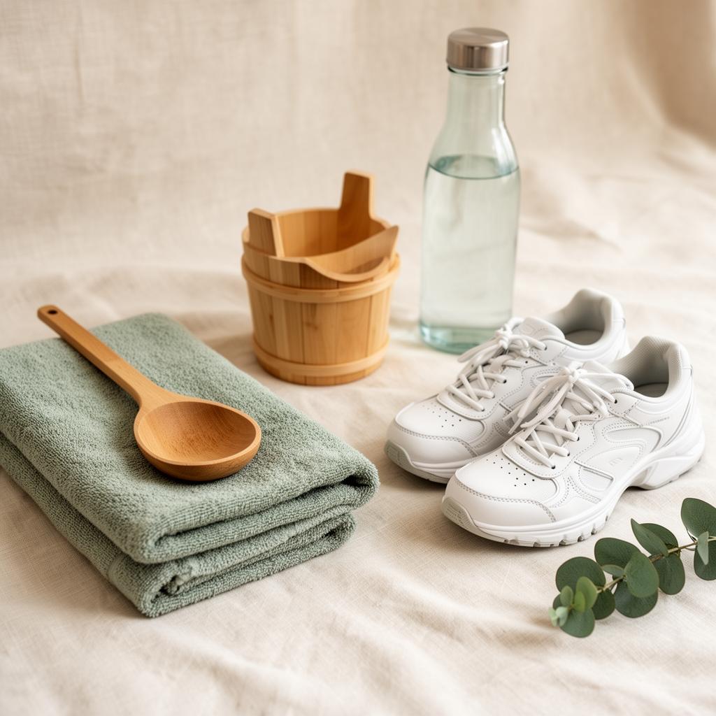 Minimal still life with a folded sage green towel, wooden sauna ladle and bucket, white walking trainers, glass water bottle and eucalyptus on cream linen
